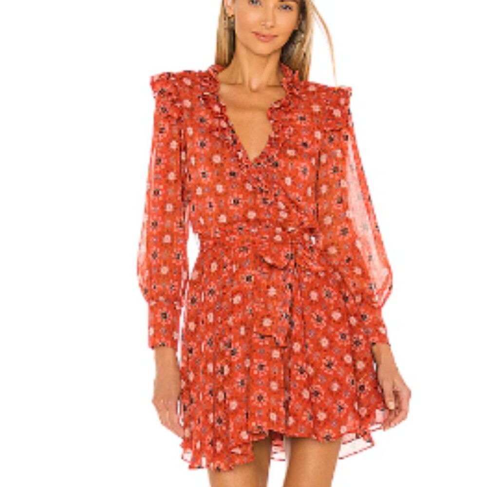 MISA Los Angeles Veruka dress, size XS, orange, red, white with gold sparkle